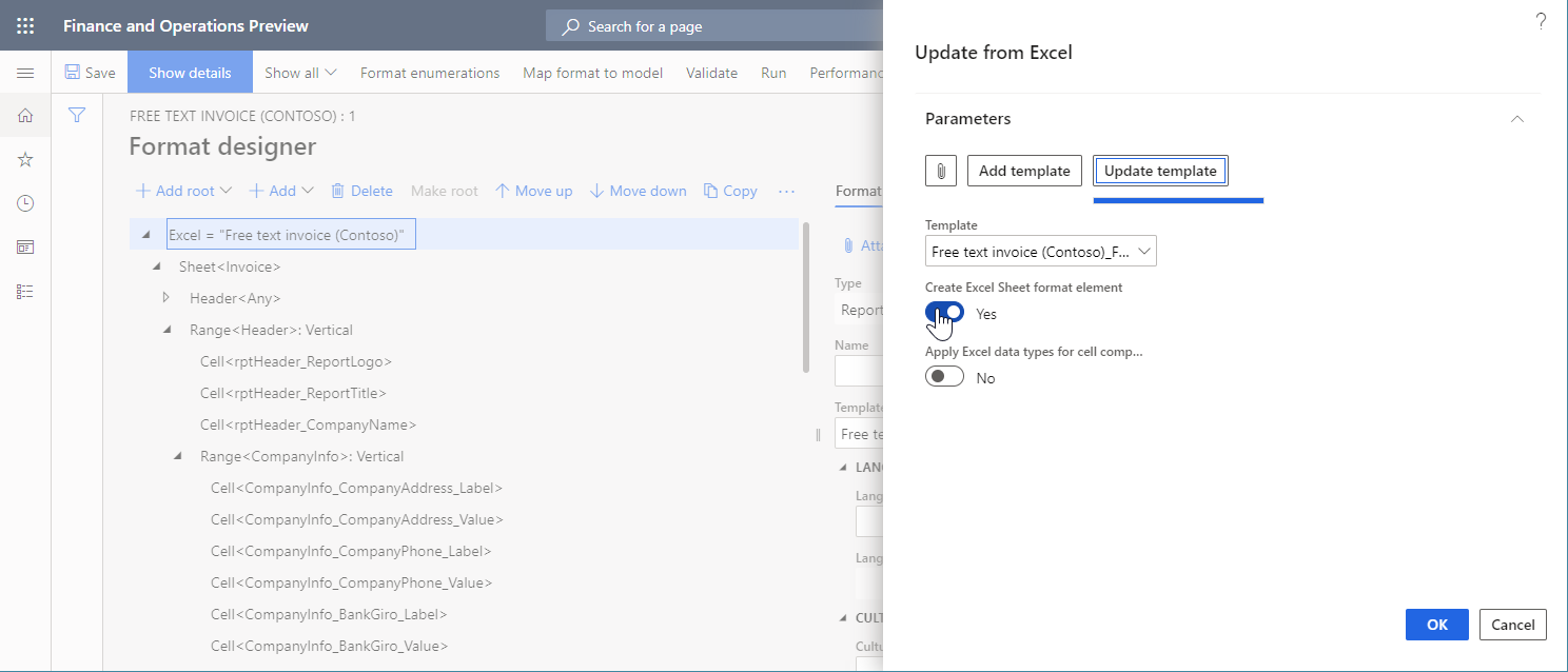 Indstillingen Opret Excel-arkformatelement i dialogboksen Opdater fra Excel.