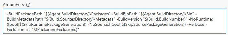 Screenshot of the Generate Packages task arguments including the exclusion list parameter.