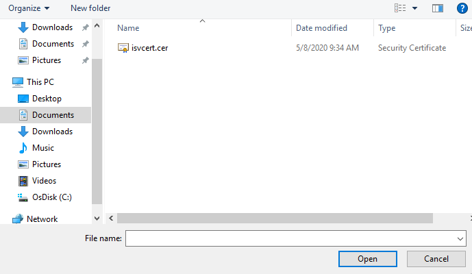 Screenshot of selecting the certificate's public key as the resource.