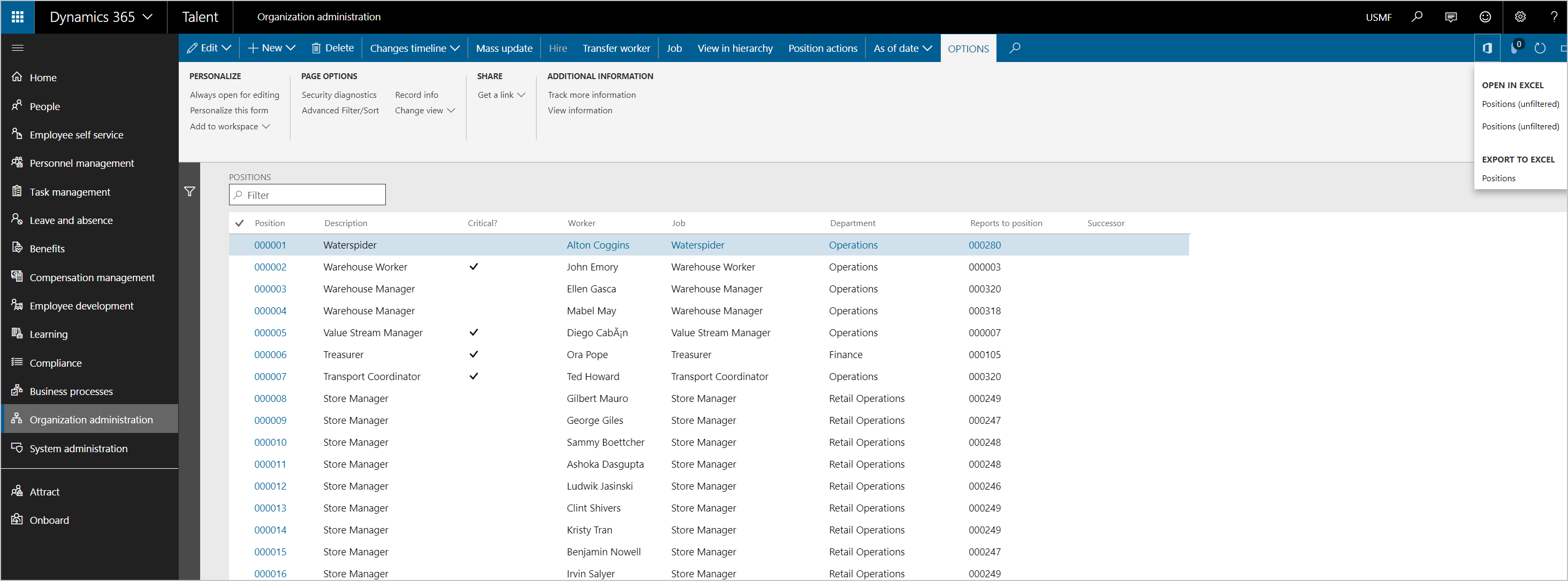 Eksporter listesiden Stillinger til Excel.