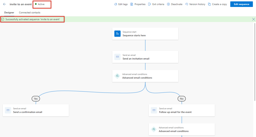 Skærmbillede af bekræftelsesmeddelelsen og status efter aktivering af en sekvens i Dynamics 365 Sales.