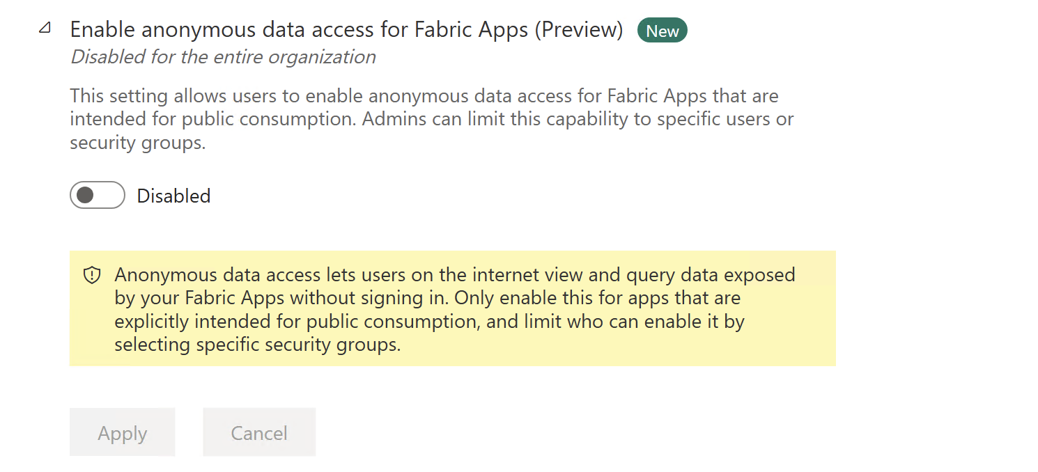 Skærmbillede af indstillingen Anonymous dataadgang i Fabric admin-portalen.