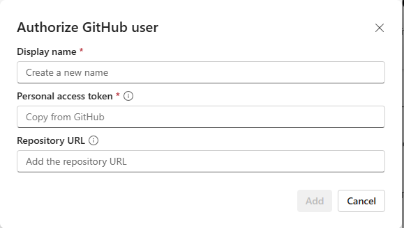 Skærmbillede af GitHub integrations-UI for at tilføje en konto.