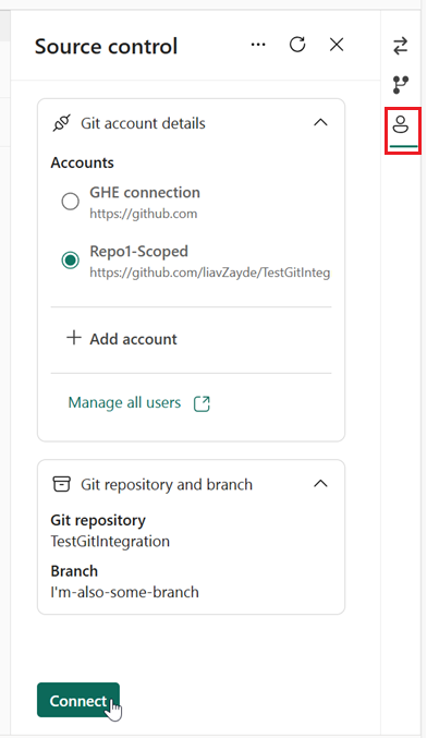 Skærmbillede af Konti-fanen med brugeren der forbinder til en GitHub konto.