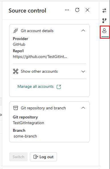 Skærmbillede af konti-fanen i Source control panel viser Git-detaljer samt repository- og grennavne.