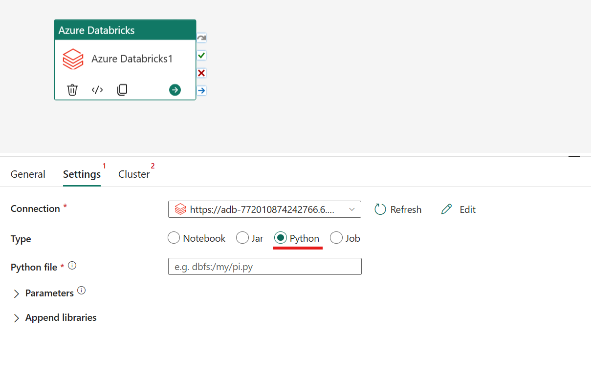 Skærmbillede, der viser Python-typen for Azure Databricks-aktiviteten.