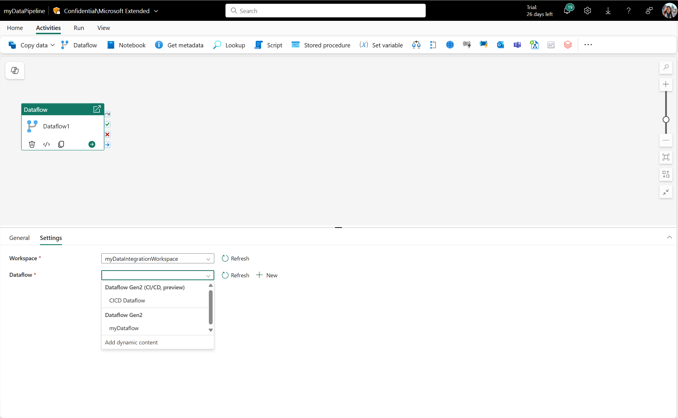Skærmbillede, der viser rullelisten med en liste over dataflow, der skal vælges under fanen Indstillinger for dataflowaktivitet