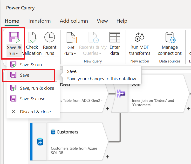 Skærmbillede af menuen Save and Run i mapping data flow transform authoring experience.