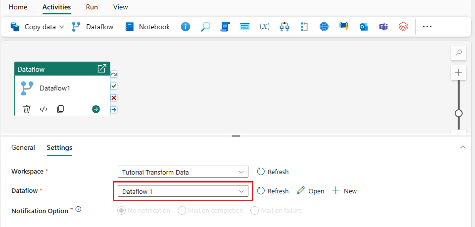 Skærmbillede af valg af et dataflow.