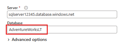 Skærmbillede af oprettelse af forbindelse til en Azure SQL-database.