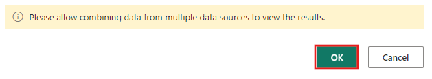 Skærmbillede, der viser anmodningen om at godkende kombination af data fra flere datakilder, hvor knappen OK er fremhævet.