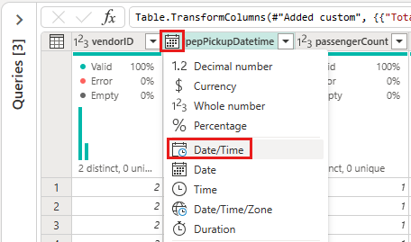 Skærmbillede, der viser valget af datatypen Dato/klokkeslæt for kolonnen IpepPickupDatetime.