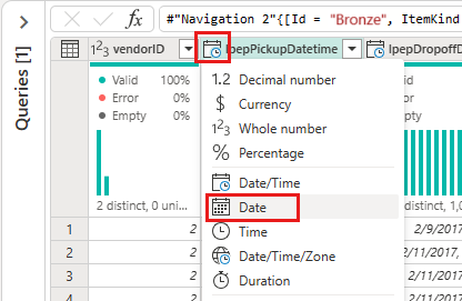 Skærmbillede, der viser valget af datatypen Dato for kolonnen IpepPickupDatetime.