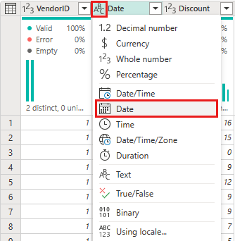 Skærmbillede, der viser valget af datatypen Dato for kolonnen Dato.