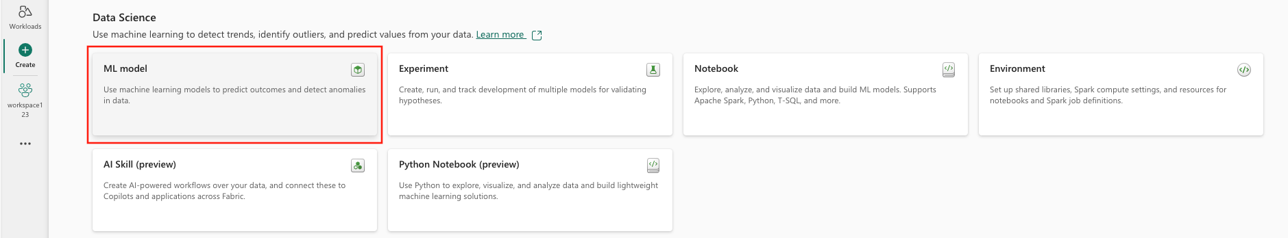 Skærmbillede af menuen Create, der viser ML Model-muligheden under Data Science-sektionen.