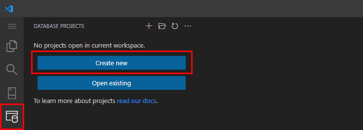 Skærmbillede fra Visual Studio Code, der viser udvidelsespanelet Databaseprojekter og knappen Opret ny.