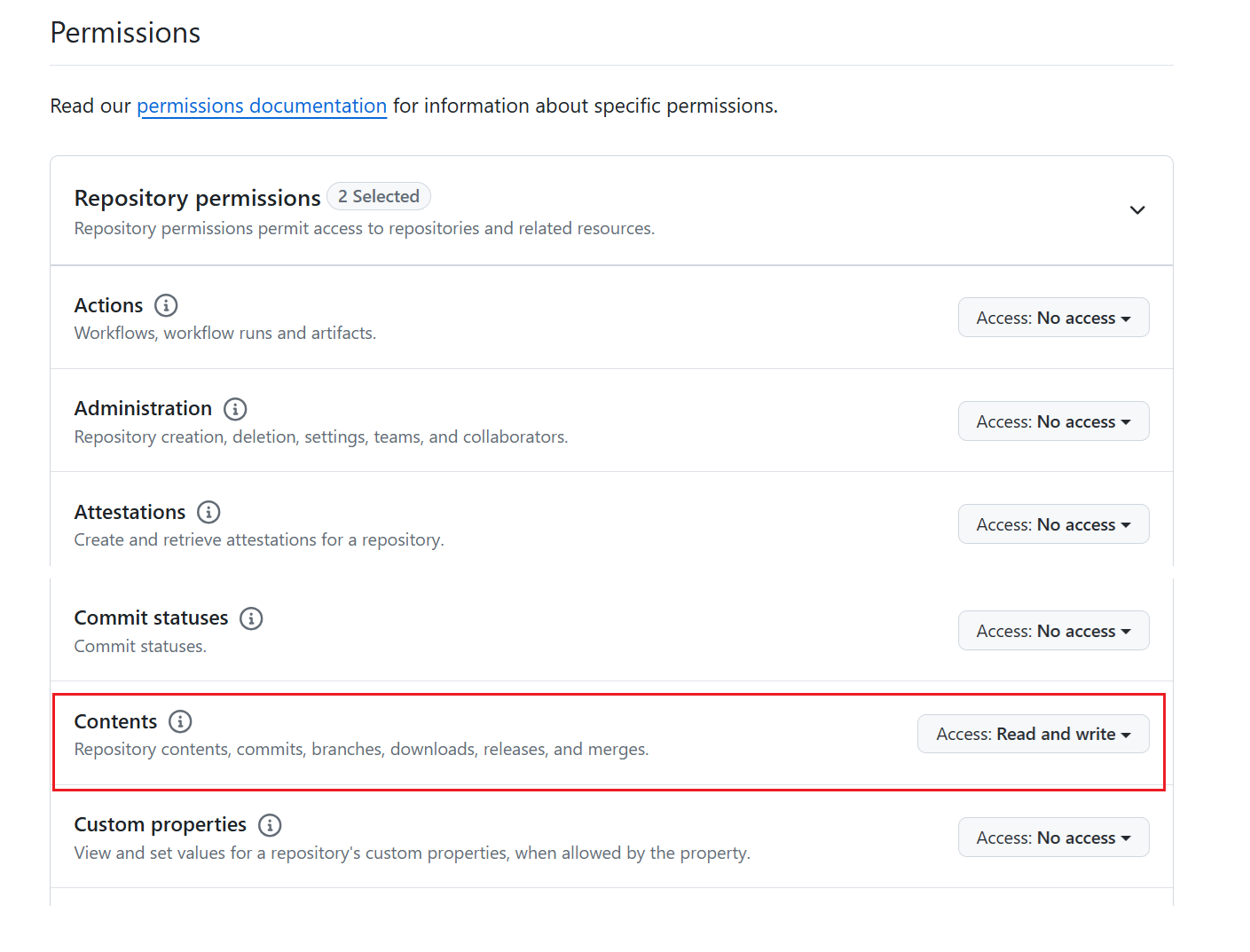 Skærmbillede af GitHub token-tilladelser.