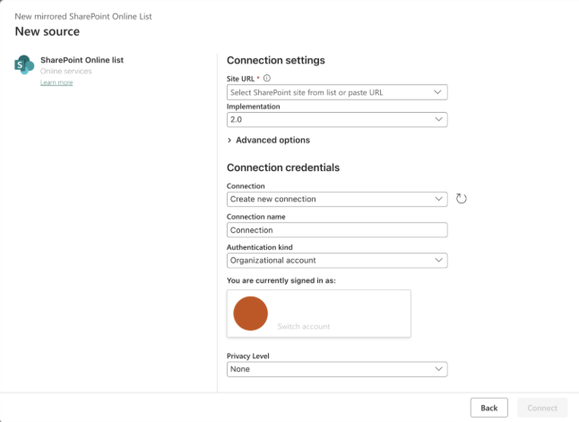 Skærmbillede af SharePoint Online listeforbindelsesopsætningsdialog med webstedets URL, legitimationsoplysninger og privatlivsniveau-indstillinger.