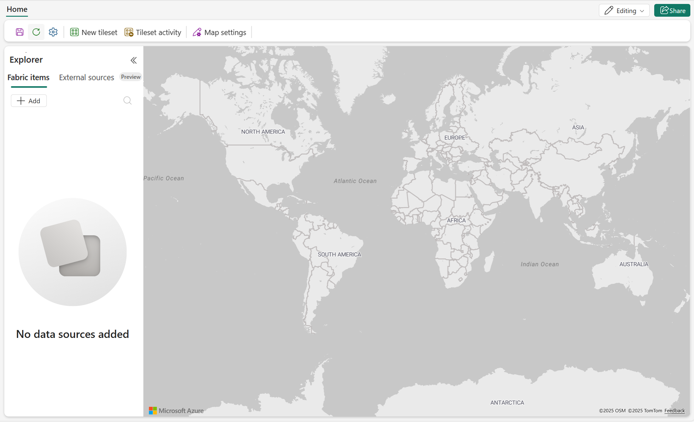 Skærmbillede af en nyoprettet korteditor i Microsoft Fabric, der viser et tomt kortlærred.