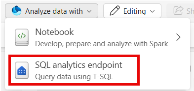 Skærmbillede af **Analyser data med**-knappen udvidet med SQL-analyse-endpoint-muligheden fremhævet.