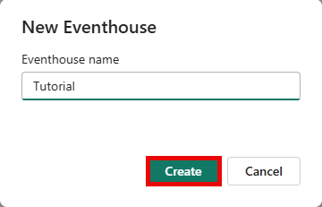 Skærmbillede af Eventhouse-grænsefladen, der viser dialogen Eventhouse-navn og Opræt-knappen fremhævet.
