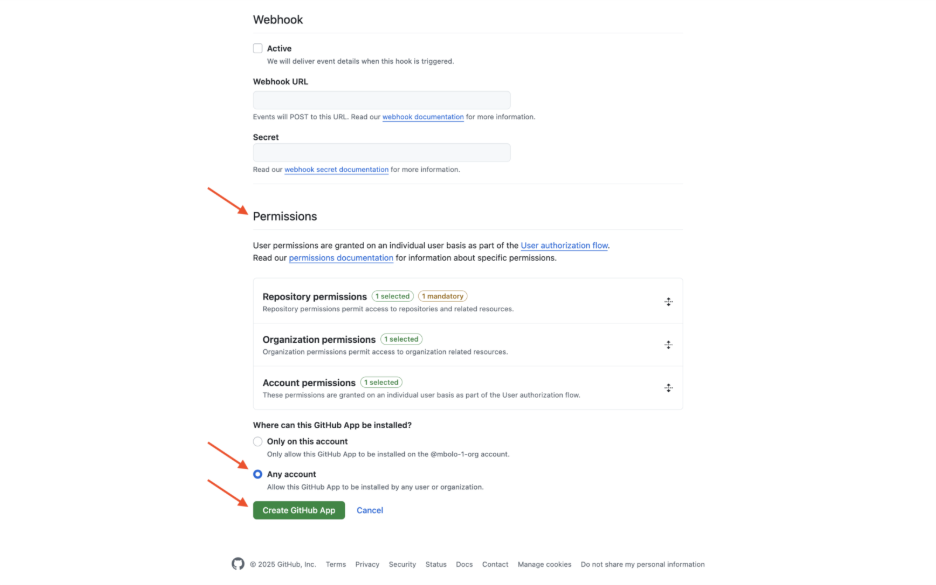 Screenshot of GitHub with Permissions, Any account, and Create GitHub App highlighted