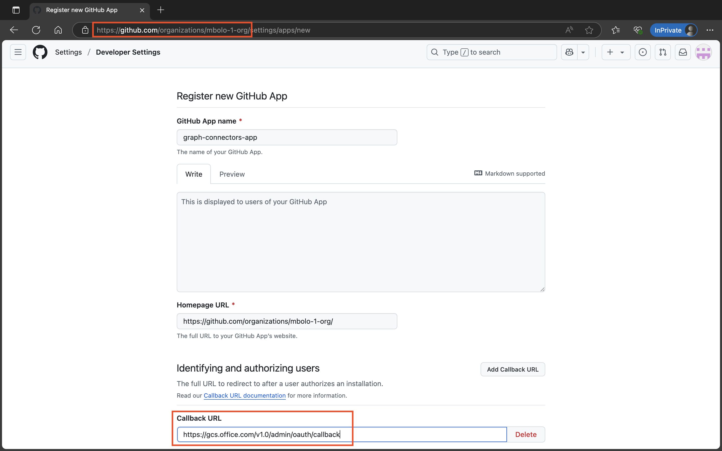 Screenshot of GitHub App configuration form showing app name, homepage URL, and callback URL fields.