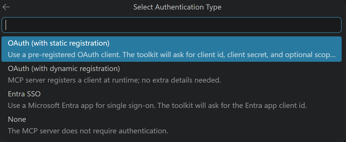 A screenshot of the Select Authentication Type prompt showing the OAuth static, OAuth dynamic, Entra SSO, and None options