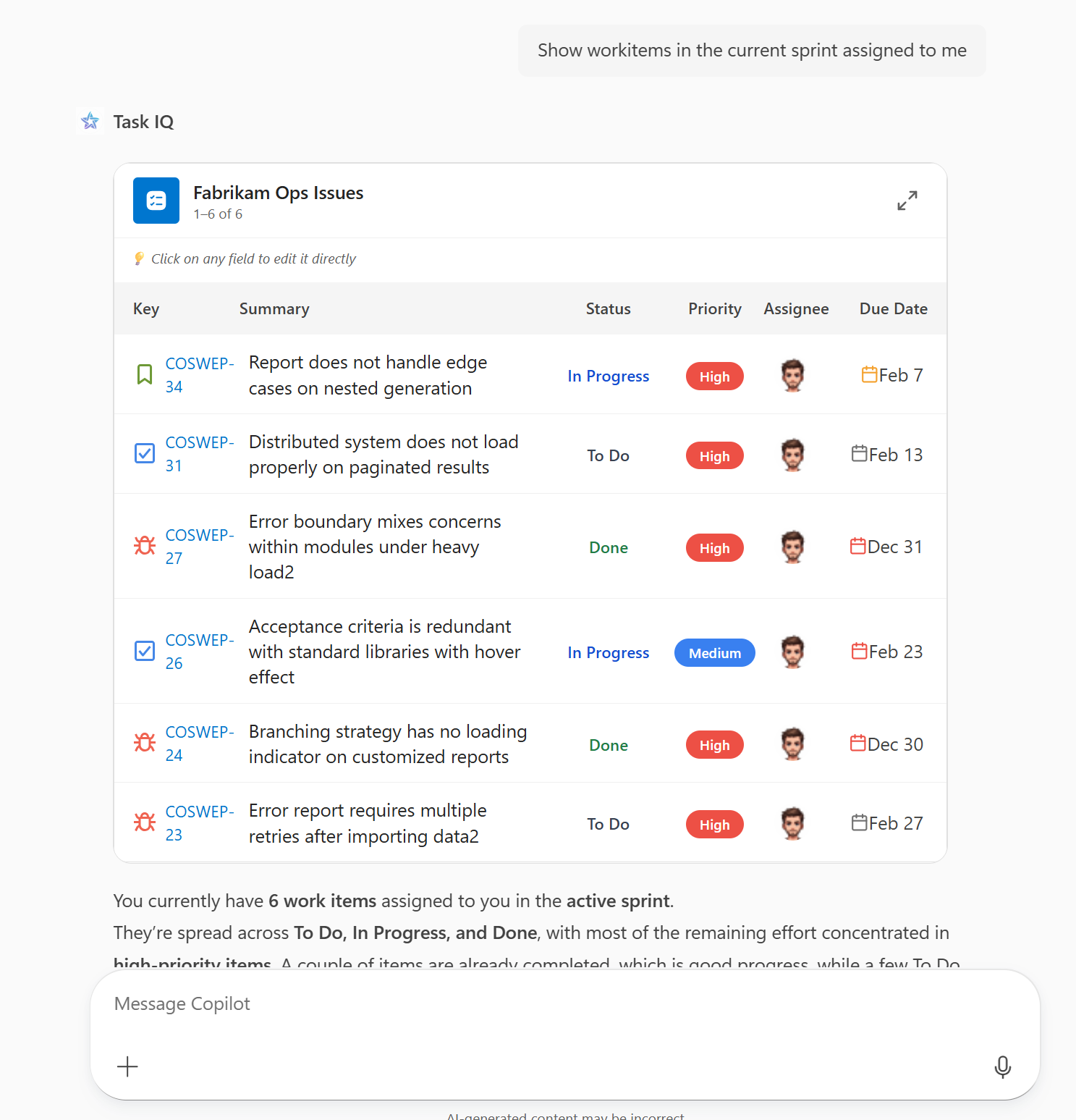 A screenshot of an MCP app rendering an inline Sprint tasks widget in Microsoft 365 Copilot