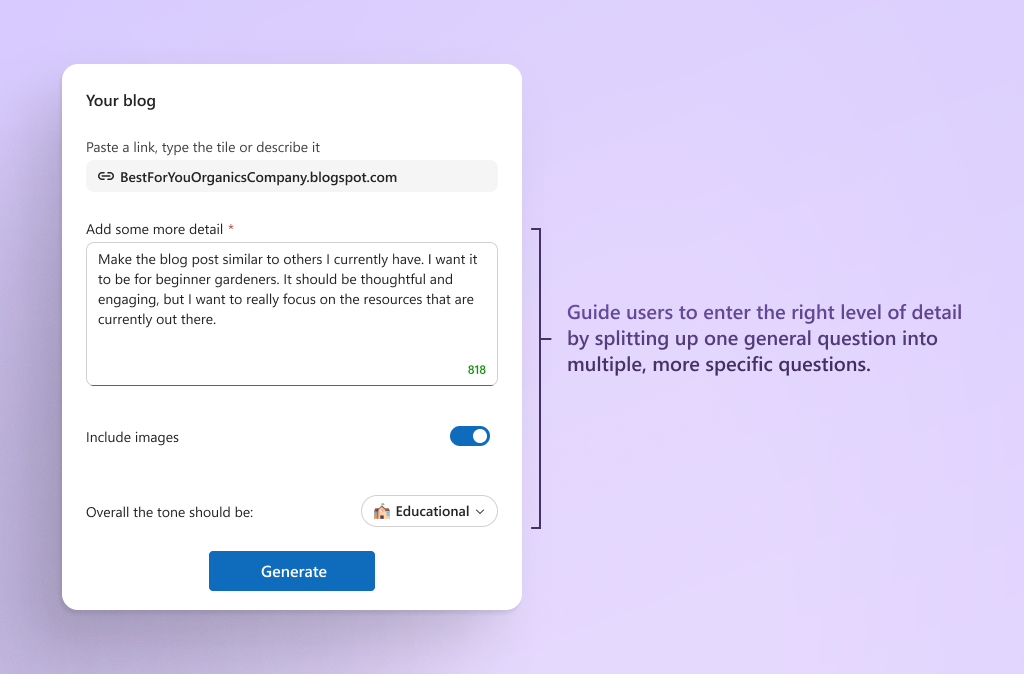 Screen shot that shows an example of a dialogue box with space to enter a link, a request, images, and overall tone.