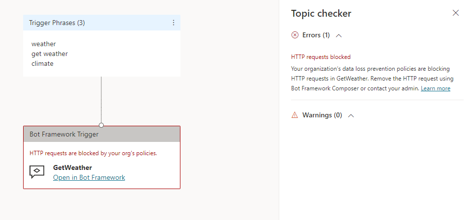 Skærmbillede af panelet Emnekontrol i Copilot Studio med en fejlmeddelelse om, at HTTP-anmodninger er blokeret.