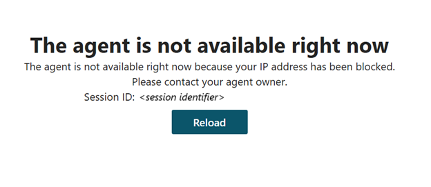 Skærmbillede af en besked, der siger, at agenten ikke er tilgængelig, fordi din IP-adresse er blokeret.