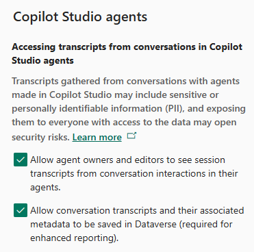 Skærmbillede af Copilot Studio-indstillingsafsnittet for miljøer i Power Platform Administration.