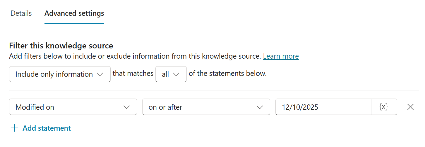 Skærmbillede af SharePoint videnskildes avancerede indstillinger, der viser et eksempel på de konfigurerede indstillinger.