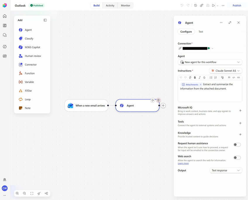 Arbejdsgang udløst af en ny Outlook-e-mail med en Agent-node konfigureret til at udtrække data fra e-mailvedhæftninger.