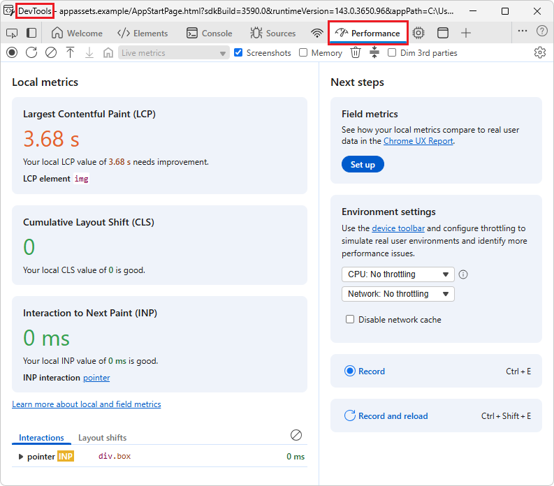 Performance tool in Edge DevTools