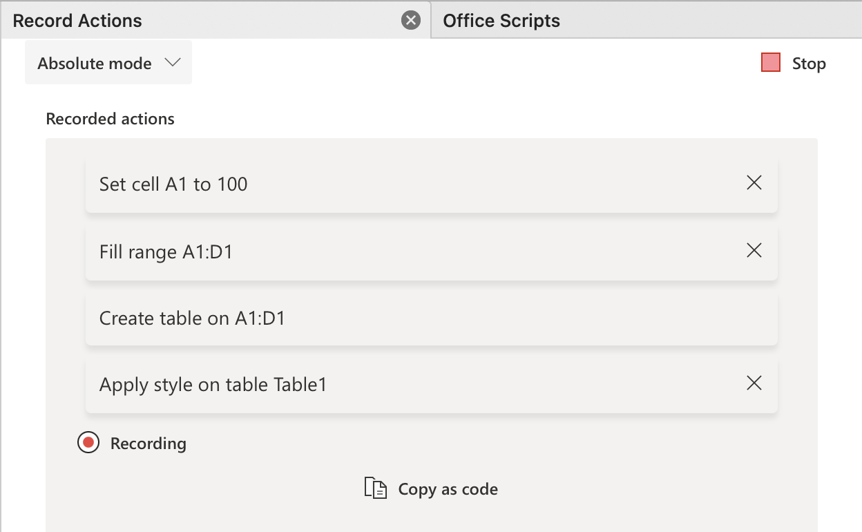 A list of actions recorded by the action recorder.