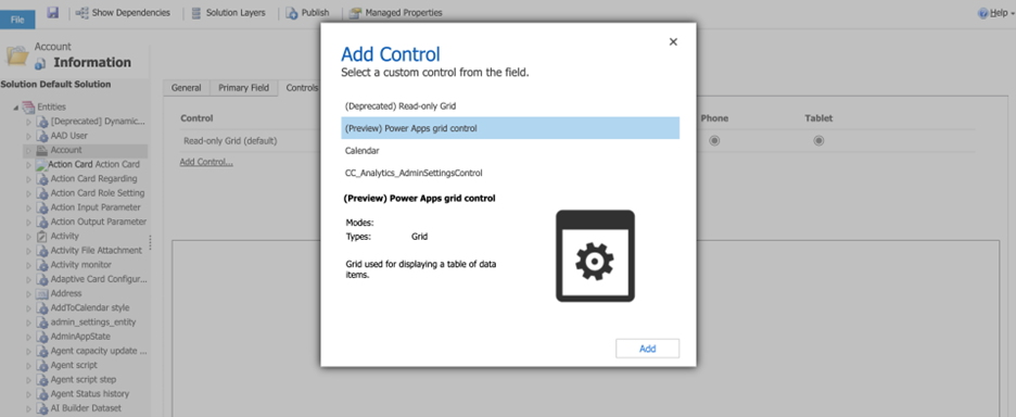 Screenshot of the Controls list used to add the Power Apps grid control.