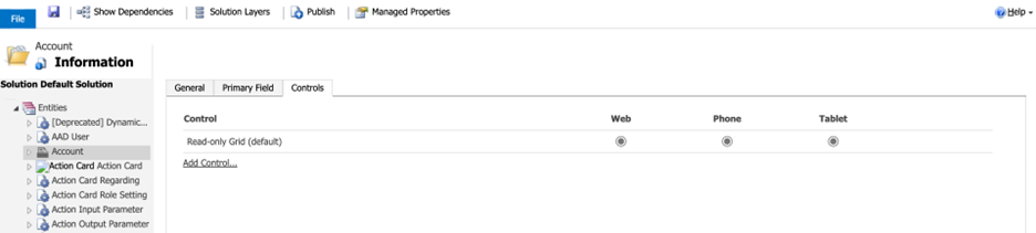 Screenshot of the Controls tab for the selected entity in Customize the system.