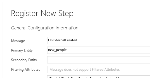 Registrering af et plug-in-trin i meddelelsen OnExternalCreated for det new_people objekt.