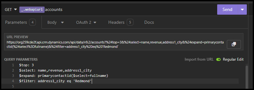 Screenshot of Insomnia showing a configured query that retrieves account records from Dataverse.