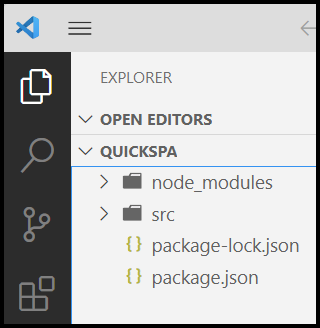Screenshot of the new quickspa project in Visual Studio Code before files are added.