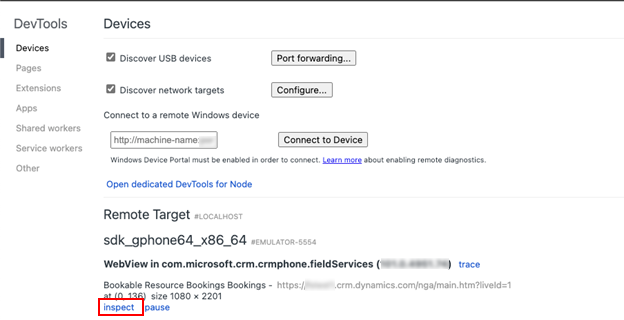 Screenshot of Microsoft Edge DevTools Devices screen showing remote debugging options for Android devices.