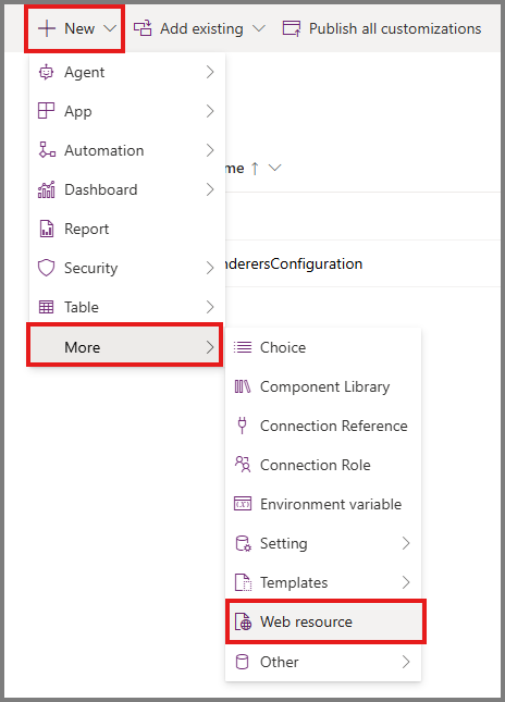 Screenshot of the menu option to create a JavaScript web resource.