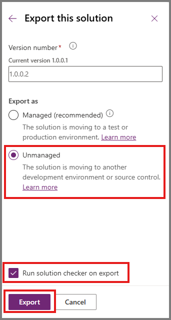 Screenshot of the Unmanaged option selected for solution export.