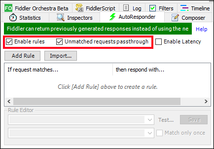 Screenshot of the Fiddler Auto Responder options with both required checkboxes selected.