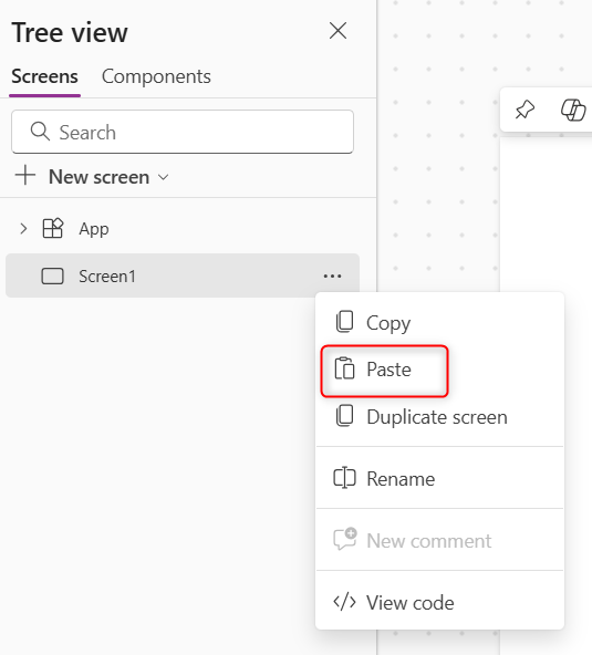 Skærmbillede af trævisningen i Power Apps Studio med indstillingen Indsæt kode fremhævet i et kontrolelements genvejsmenu.