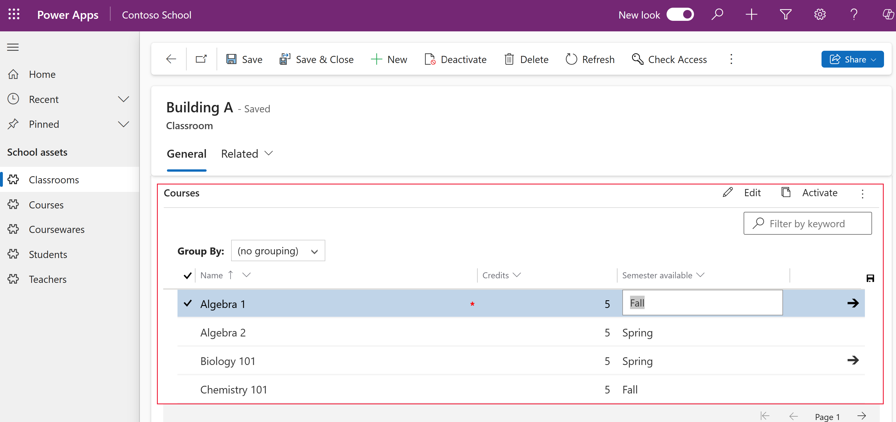 Eksempel på redigerbart gitter i en modeldrevet appformular.