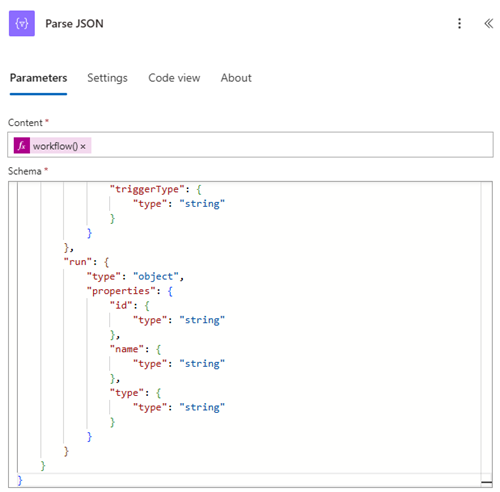 Skærmbillede af fortolkning af JSON for arbejdsprocesfunktionen.