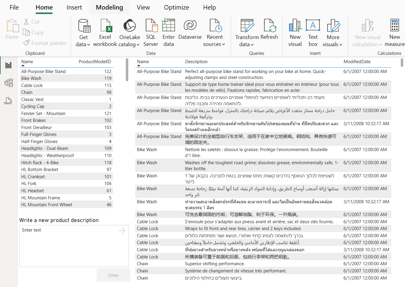 Skærmbillede, der viser Power BI-rapporten med endnu en tabel føjet til den.